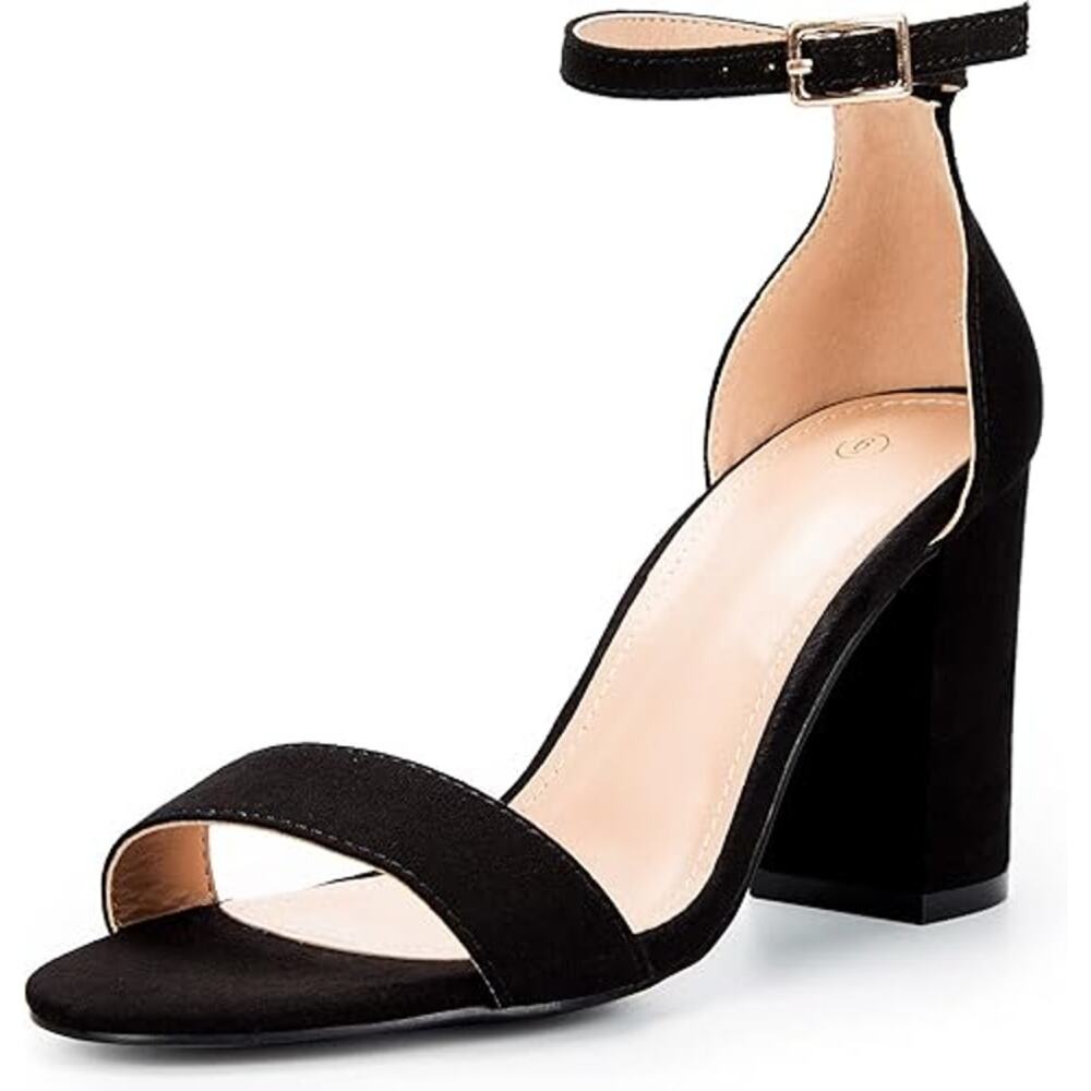 Chunky Block Heels Open Toe Ankle Strap 3.5 Inch Heeled Sandals, Black Suede, 9 - Picture 2 of 5